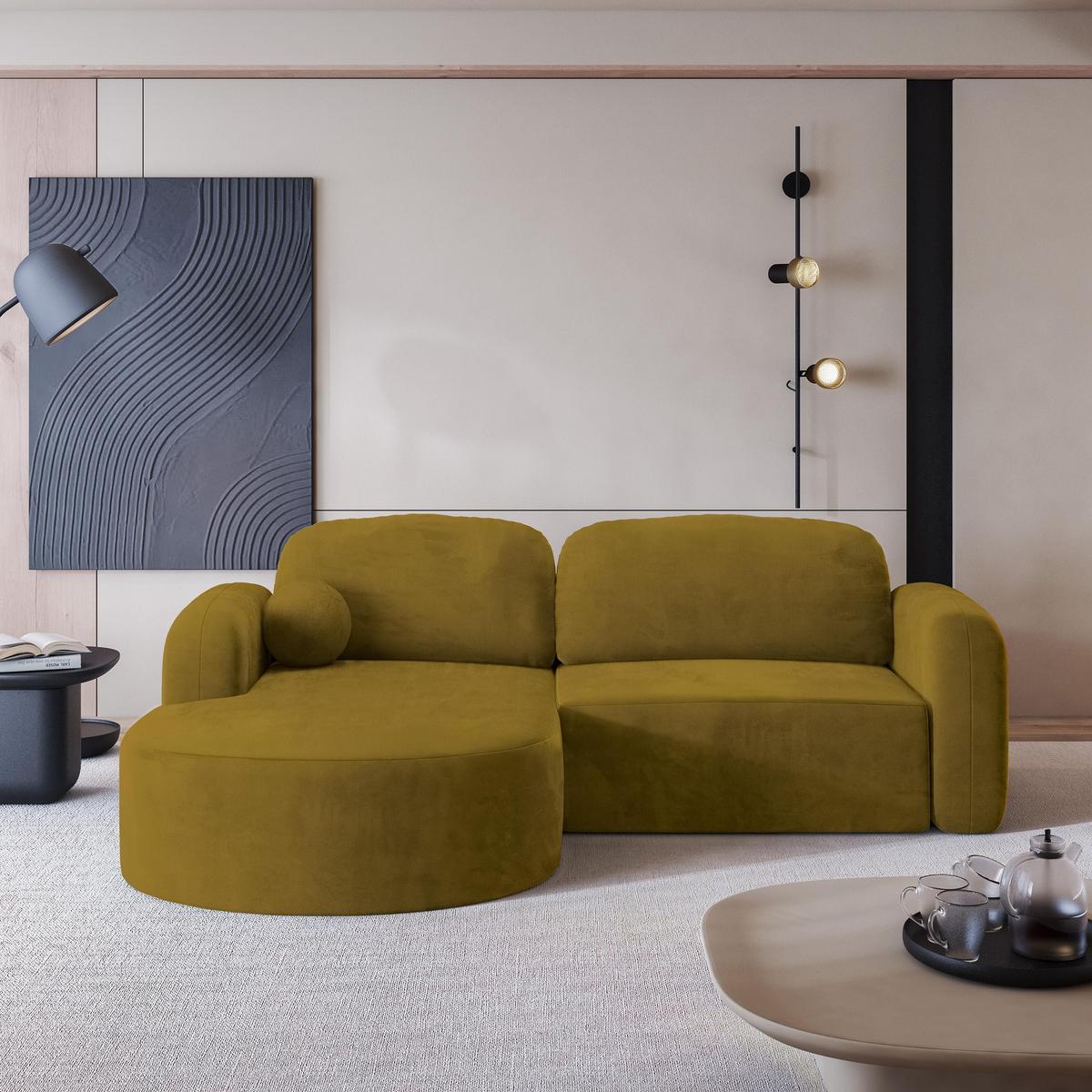 ECKSOFA AMILIA M L-S Gelb Velours-Stoff mit Schlaffunktion - Gelb, Holz (263/174cm) - MASSENO