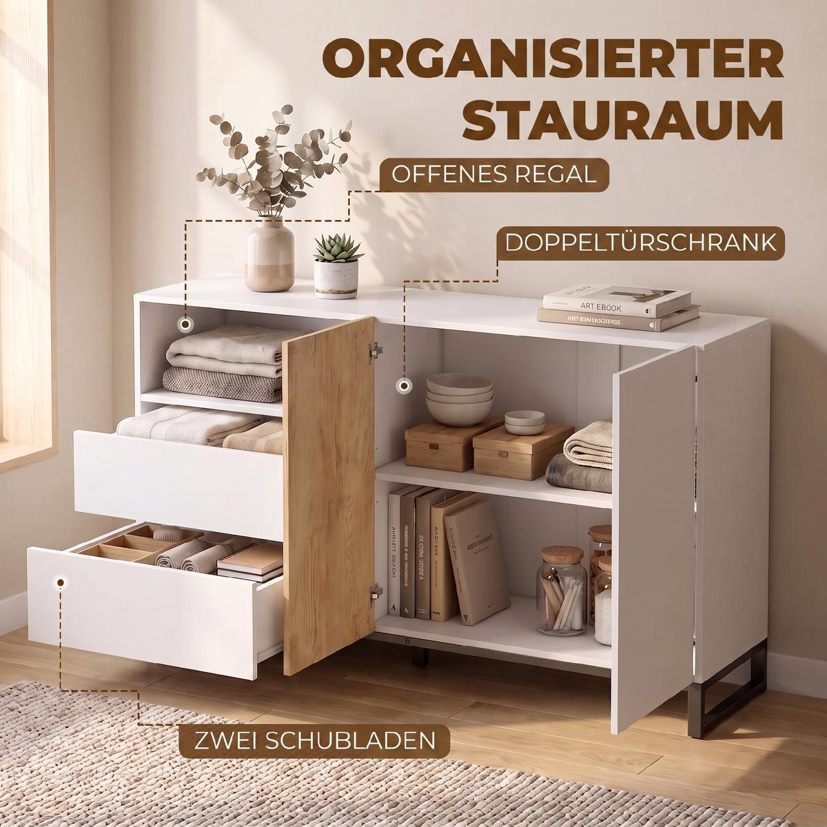 SIDEBOARD Spanplatte Stahl Weiß Eiche - Eichefarben/Schwarz, Holzwerkstoff/Metall (40/85/140cm) - HOMCOM