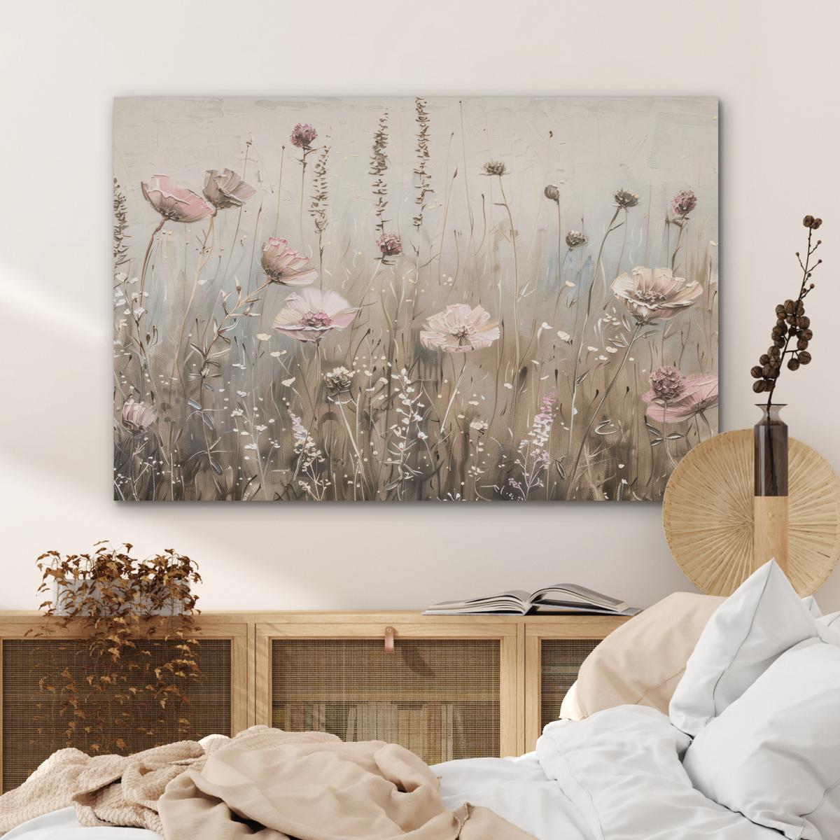 AKUSTIKBILD Blumen - Rosa - Modern - Beige Wandbild Wohnzimmer 100x70 cm - Beige, Kunststoff (100/70/0.9cm) - MuchoWow