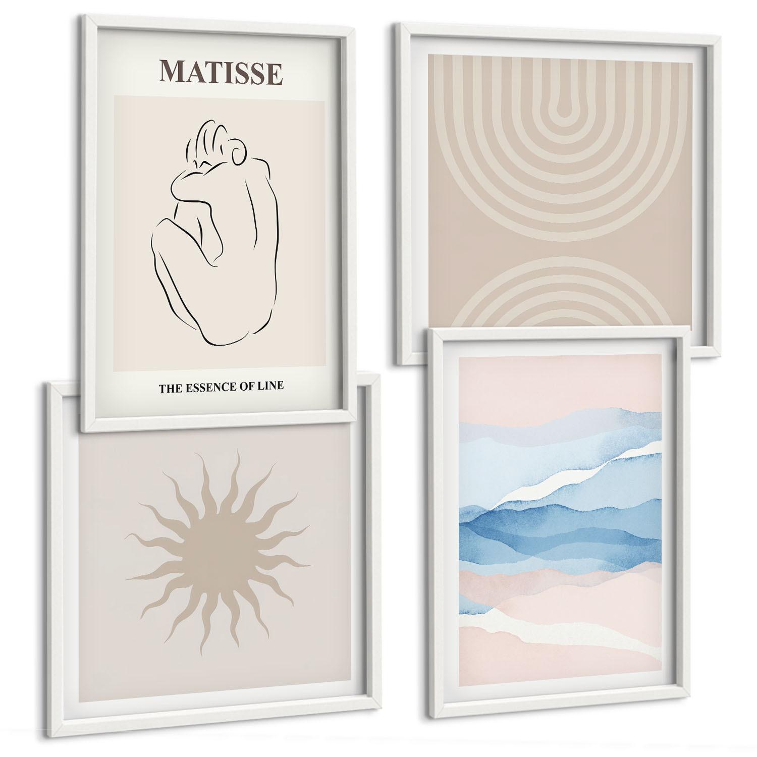 BILDER SET 4er Set - 50x50 cm & 40x60 cm Weißer Rahmen - Linien, Wellen, Pastellfarben, minimalistisch - Weiß, Kunststoff (50/50cm) - TULUP