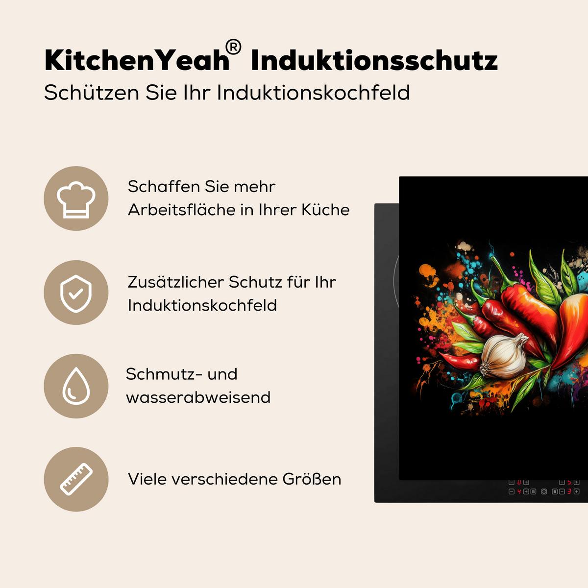 HERDABDECKPLATTE Gemüse - Paprika - Knoblauch - Graffiti - Farbe - Bunt Induktionsmatte 78x78 cm - Rot, Kunststoff (78/78/0.2cm) - MuchoWow