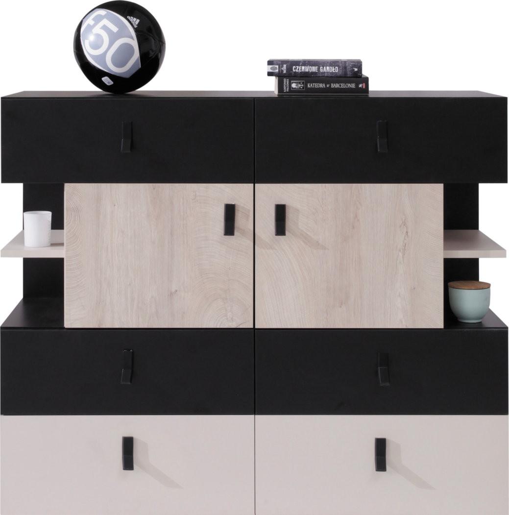 KOMMODE ISEO 110/90/40cm mit 6 Schubladen 4 Türen Schwarz - Eichefarben/Schwarz, Holzwerkstoff (110/90/40cm) - MASSENO