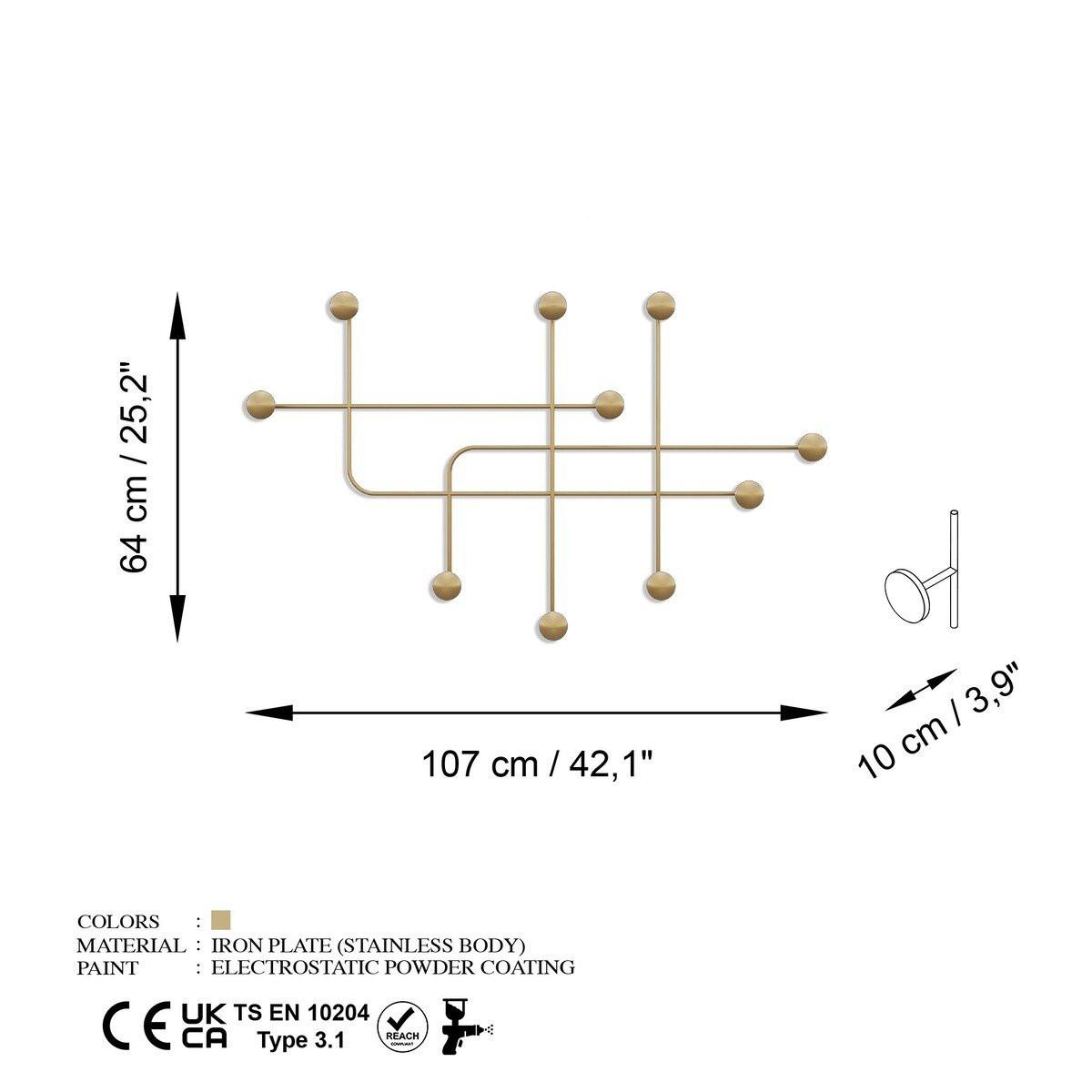 WANDGARDEROBE mit 9 Haken aus goldfarbenem Metall 107/10/64 cm - Goldfarben, Metall (107/64/10cm) - Calicosy