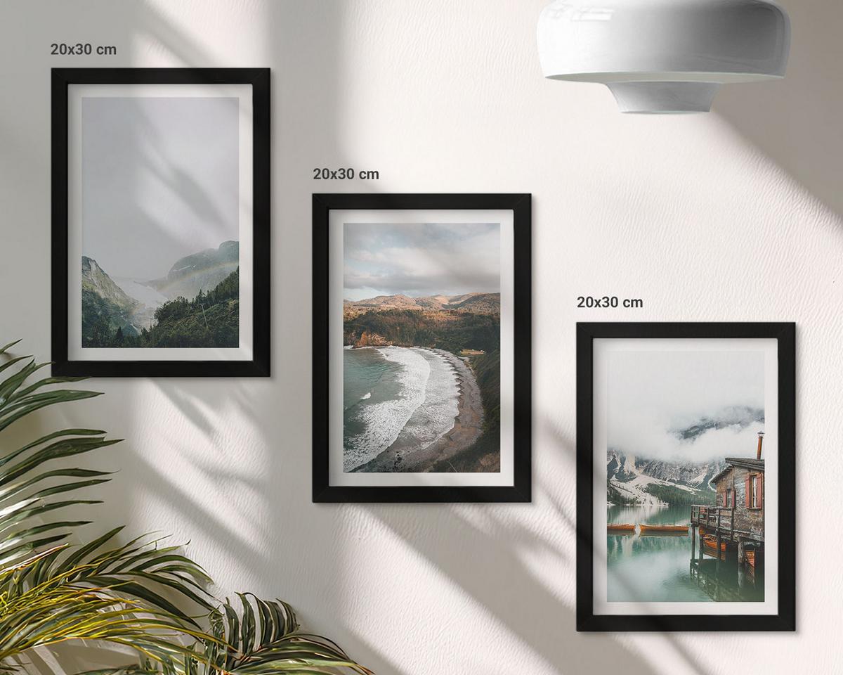 BILDER SET 3er Set - 20x30 cm Schwarzer Rahmen - Berge, Strand, Wolken, Wasser - Schwarz, Kunststoff (20/30cm) - TULUP