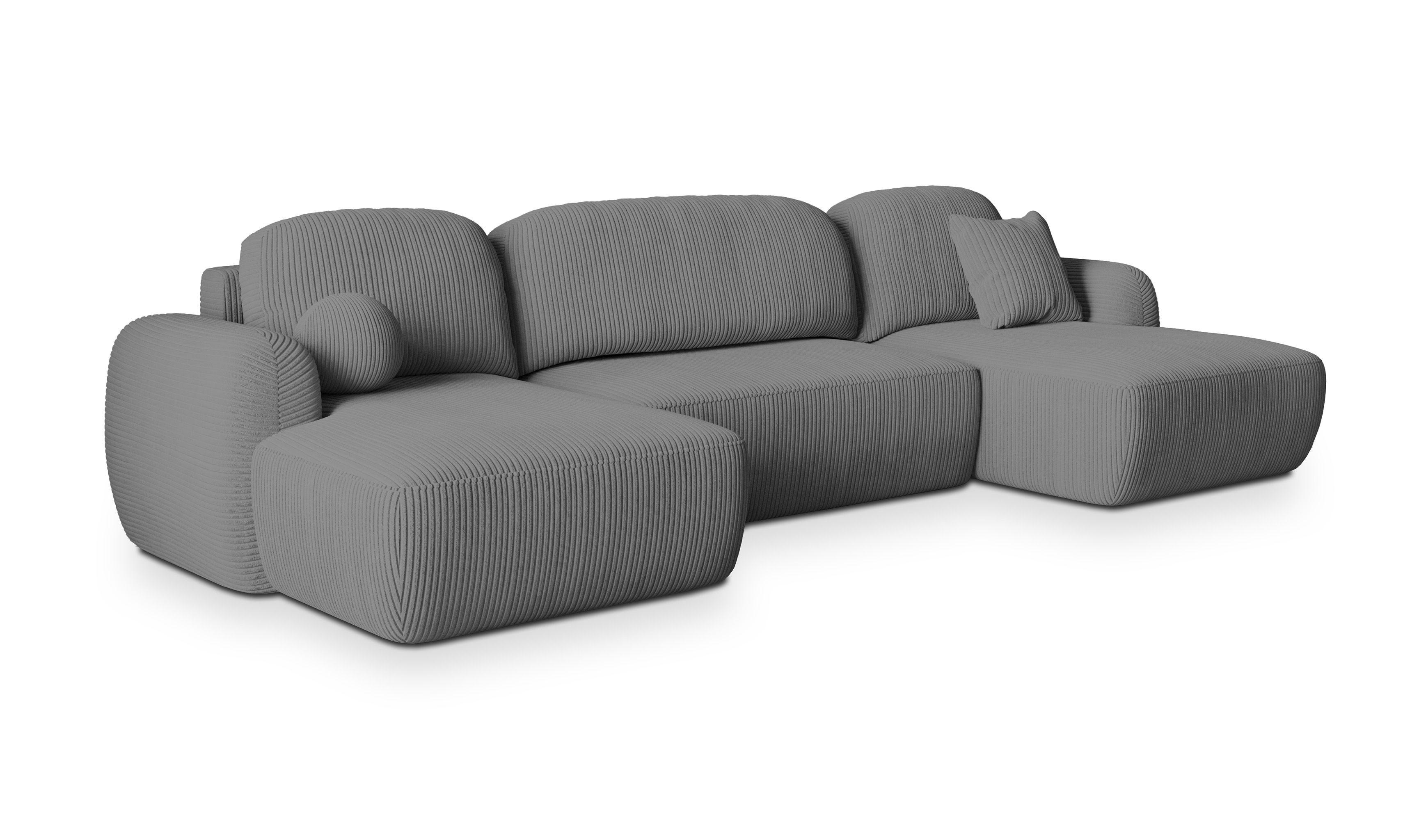 WOHNLANDSCHAFT SAVONA P Grau Kordstoff mit Schlaffunktion - Schwarz/Grau, Holz/Kunststoff (320/90/148cm) - MASSENO