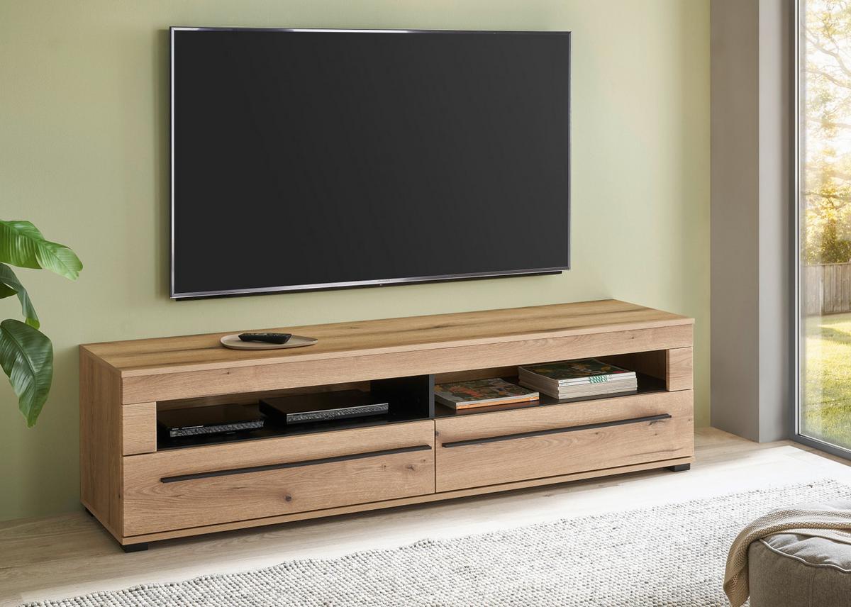 TV-LOWBOARD Eiche Evoke, TV Unterschrank 180 cm, Soft-Close-Funktion - Eichefarben/Schwarz, Holzwerkstoff/Kunststoff (180/47/42cm) - Furn.Design