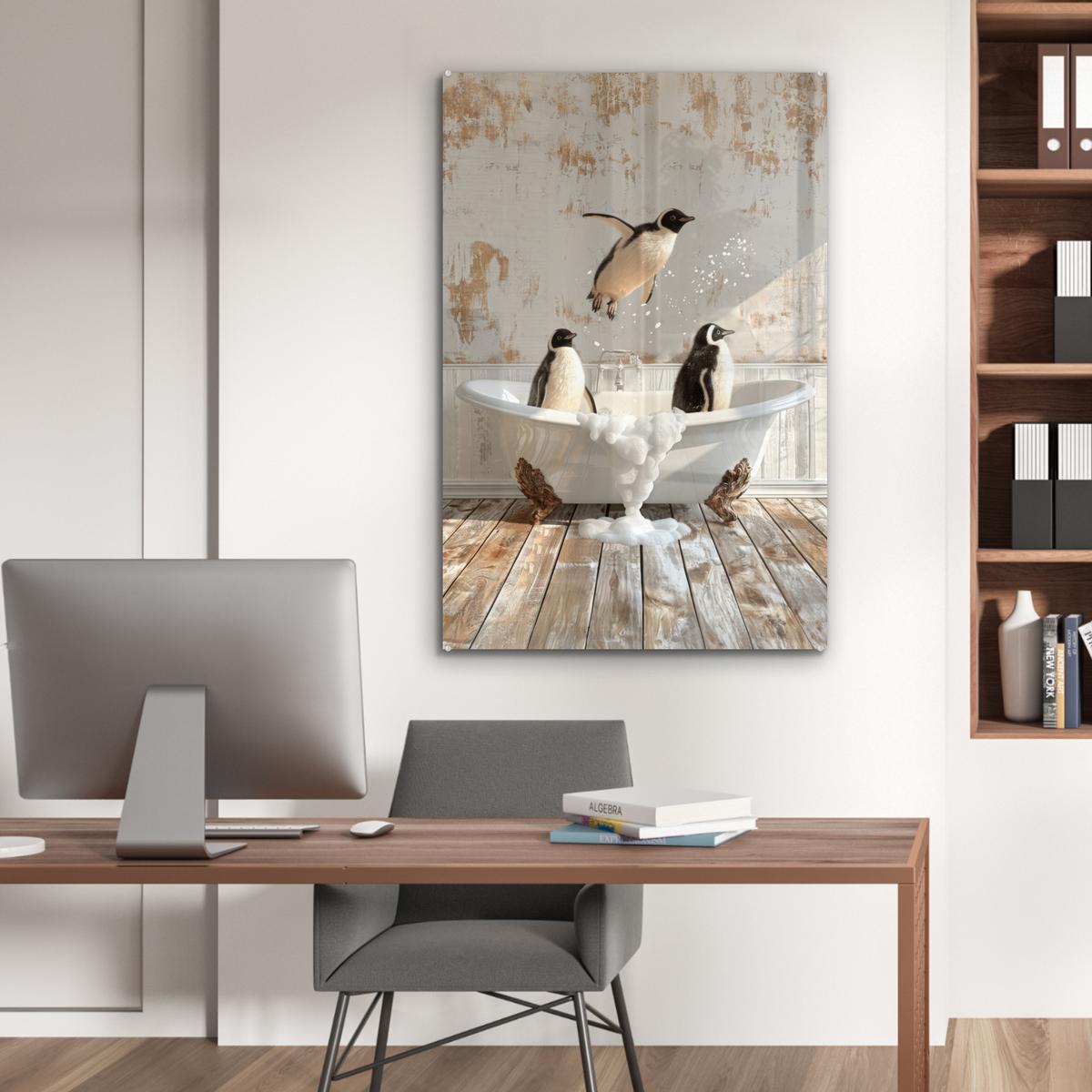ACRYLGLASBILD Vintage - Pinguin - Badewanne - Schaumstoff 80x120 cm - Schwarz, Glas (80/120cm) - MuchoWow