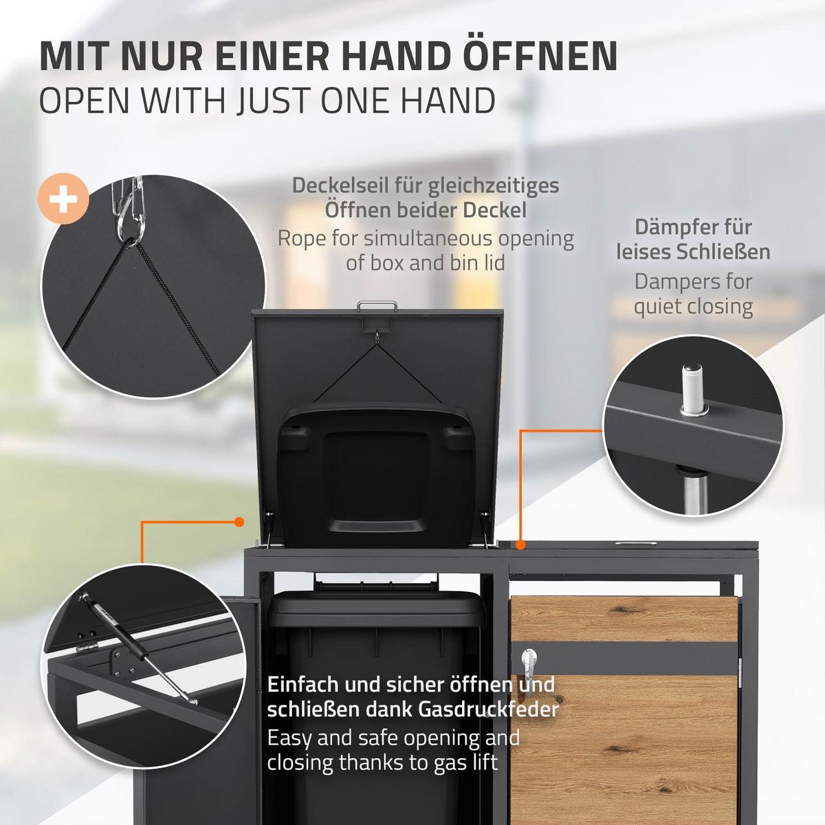 MÜLLTONNENBOX 4er Anthrazit-Holzoptik - Braun, Metall (264/120/80cm) - ML-DESIGN