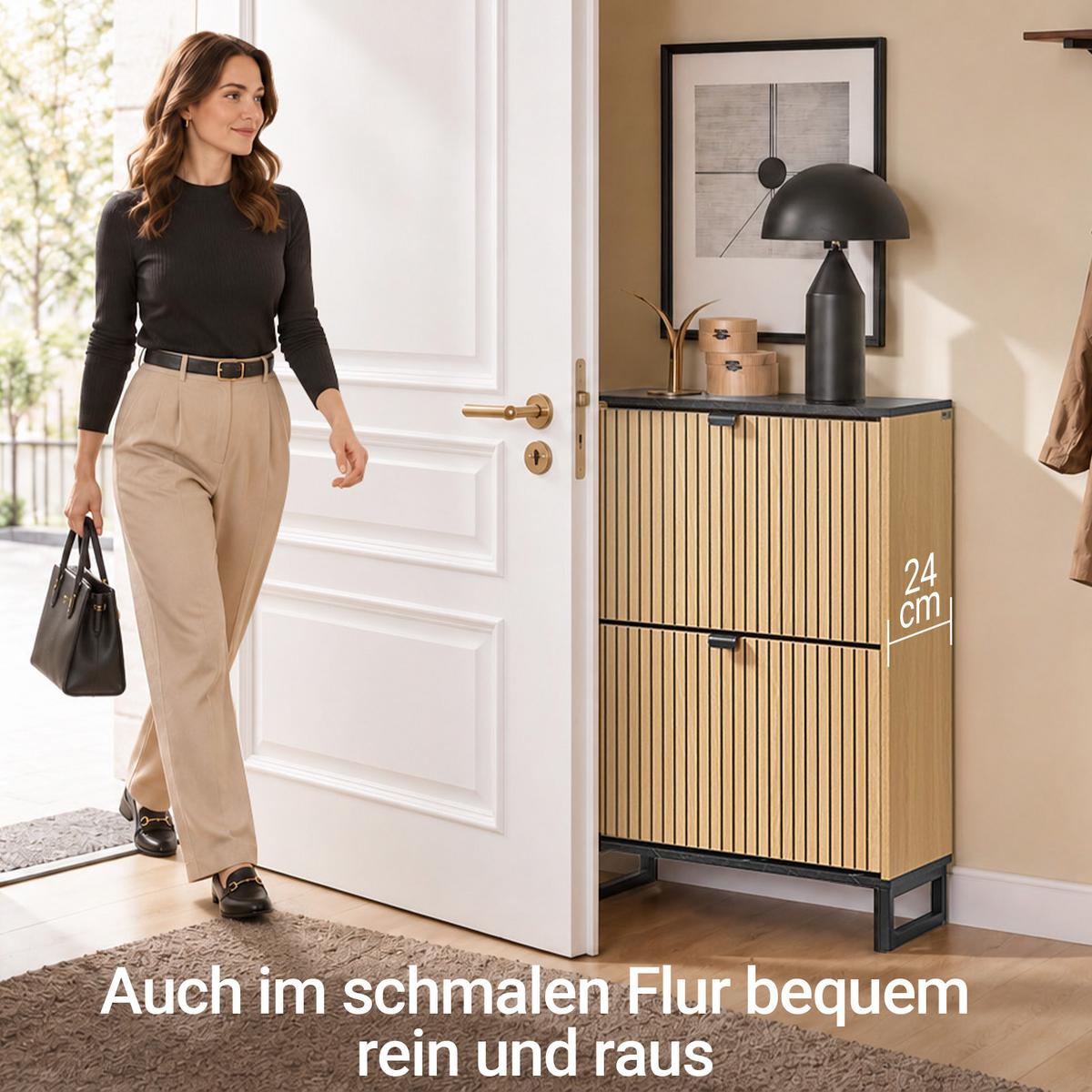 SCHUHSCHRANK mit 2 Klappen, 60 x 88 x 24 cm, Holzoptik, ca. 10 Paar, bis EU 47, Metallfüße, schmal für Flur und Diele - Naturfarben, Holzwerkstoff (60/88/24cm) - SoBuy