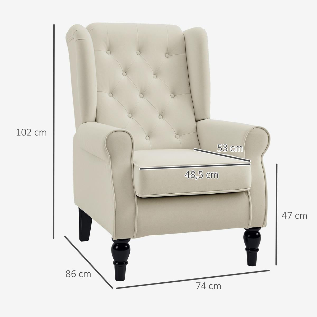 OHRENSESSEL Polyester, Holz, Cremeweiß - Creme/Schwarz, Holz/Textil (86/102/74cm) - HOMCOM