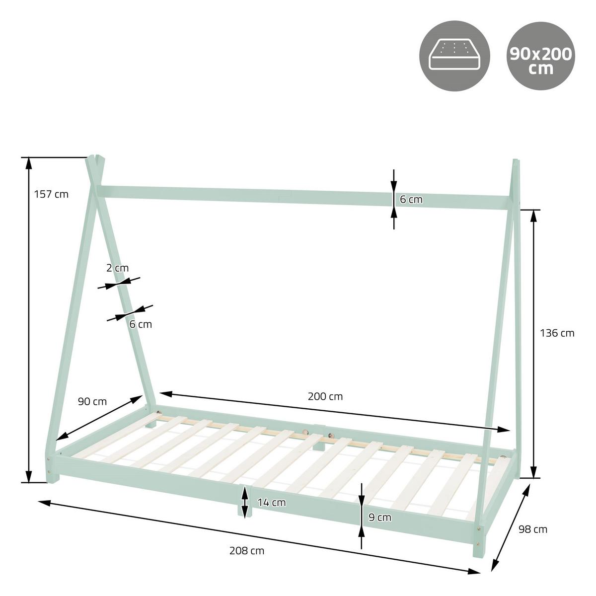 KINDERBETT Tipi mit Matratze 90x200 cm Mint - Mintgrün, Holz (90/200cm) - ML-DESIGN