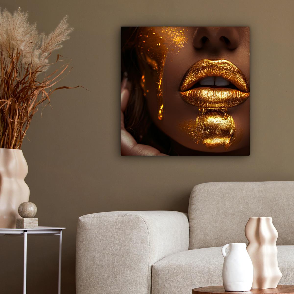 LEINWANDBILD Frau - Gold - Luxus - Porträt Wandbild Wohnzimmer 50x50 cm - Goldfarben, Textil (50/50cm) - MuchoWow
