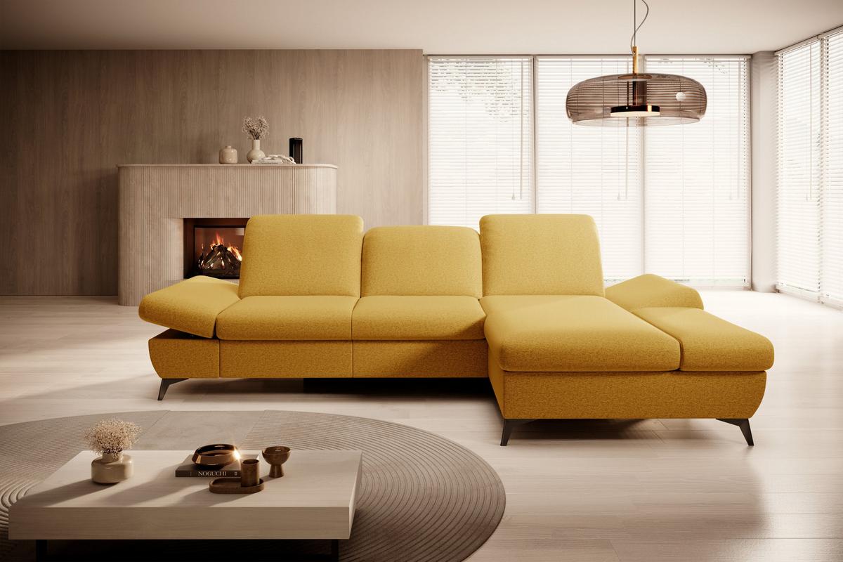 ECKSOFA FELICE R-S Gelb Geflochtener Stoff mit Schlaffunktion - Gelb, Holz (284/166cm) - MASSENO