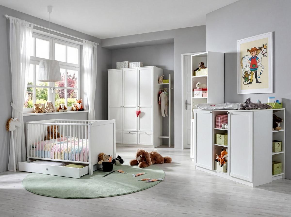 BABYZIMMER-SET 3-teilig: Babybett & Wickelkommode & Kleiderschrank 3-türig B135/H198/T58 cm, Soft-Close, Landhausstil Weiß / 22803 - Silberfarben/Weiß, Holzwerkstoff/Metall (76/83/146cm) - luma-home