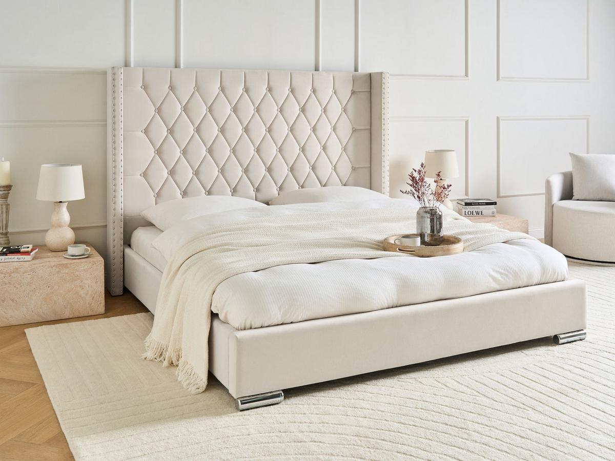 BETT mit Lattenrost 180/200 cm Samtstoff Cremeweiß Lubbon - Creme, Textil (180/200cm) - Beliani