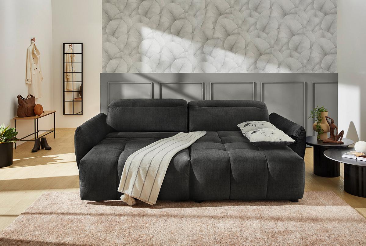 ECKSOFA mit elektrischer Sitztiefenverstellung, Kopflehnen verstellbar, USB-C und -A Ladefunktion B260/T191/H106 cm, Velours Anthrazit Schwarz / 15406 - Multicolor/Schwarz, Kunststoff/Textil (260/191cm) - luma-home