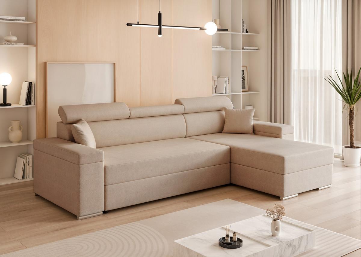 ECKSOFA AISHA Rechts mit Schlaffunktion und Bettkasten Beige - Chromfarben/Beige, Kunststoff/Textil (250/130cm) - Idohome