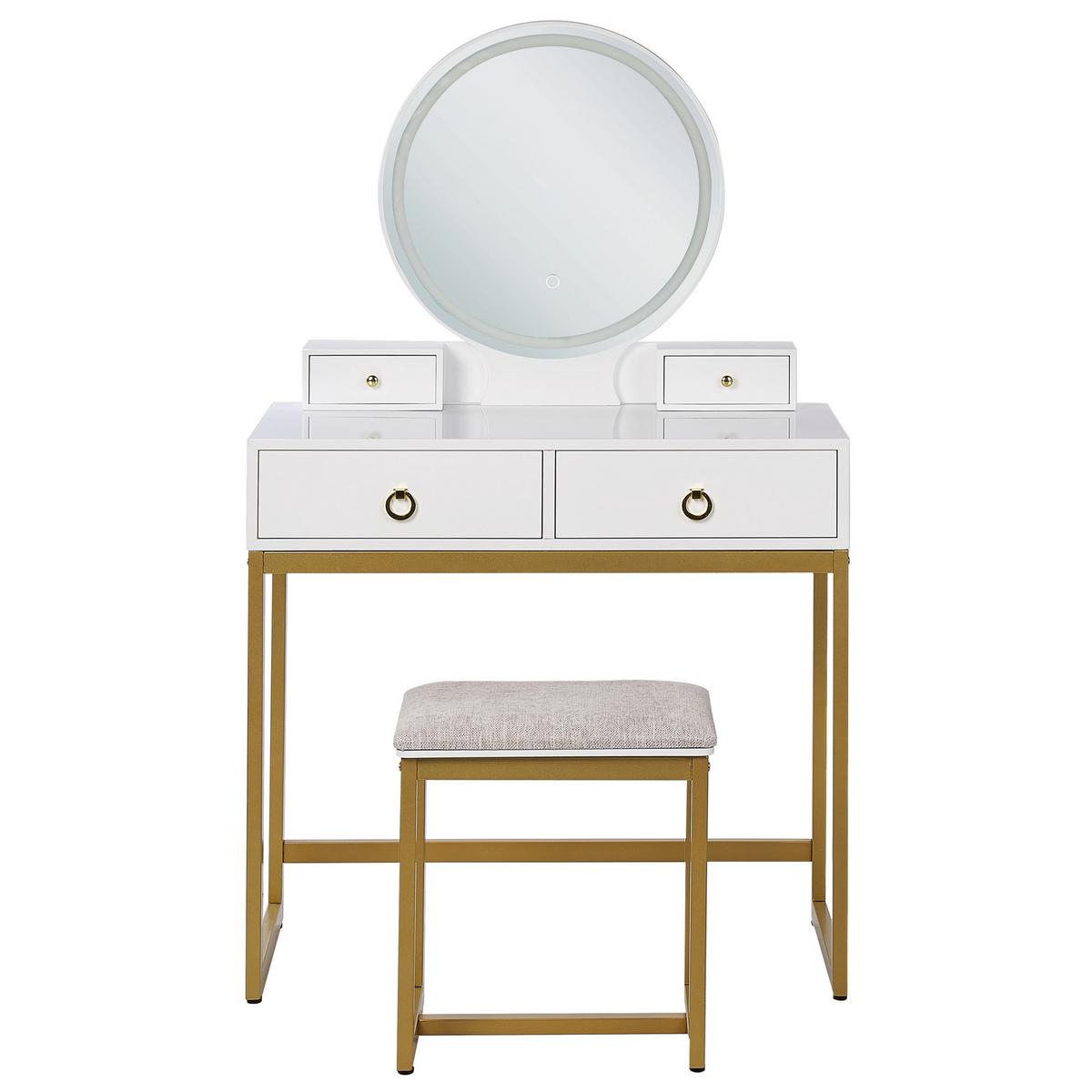 SCHMINKTISCH mit rundem LED-Spiegel Hocker 4 Schubladen weiß/gold Auxon - Beige/Goldfarben, Holzwerkstoff (80/132/40cm) - Beliani
