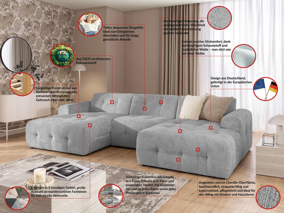 WOHNLANDSCHAFT inkl. Hocker Kozy im Bumpy-Design mit Schlaffunktion und fester Rückenlehne aus weichem Hellgrau Chenille-Stoff - Hellgrau/Schwarz, Holz/Kunststoff (323/79/161cm) - S-Style Möbel