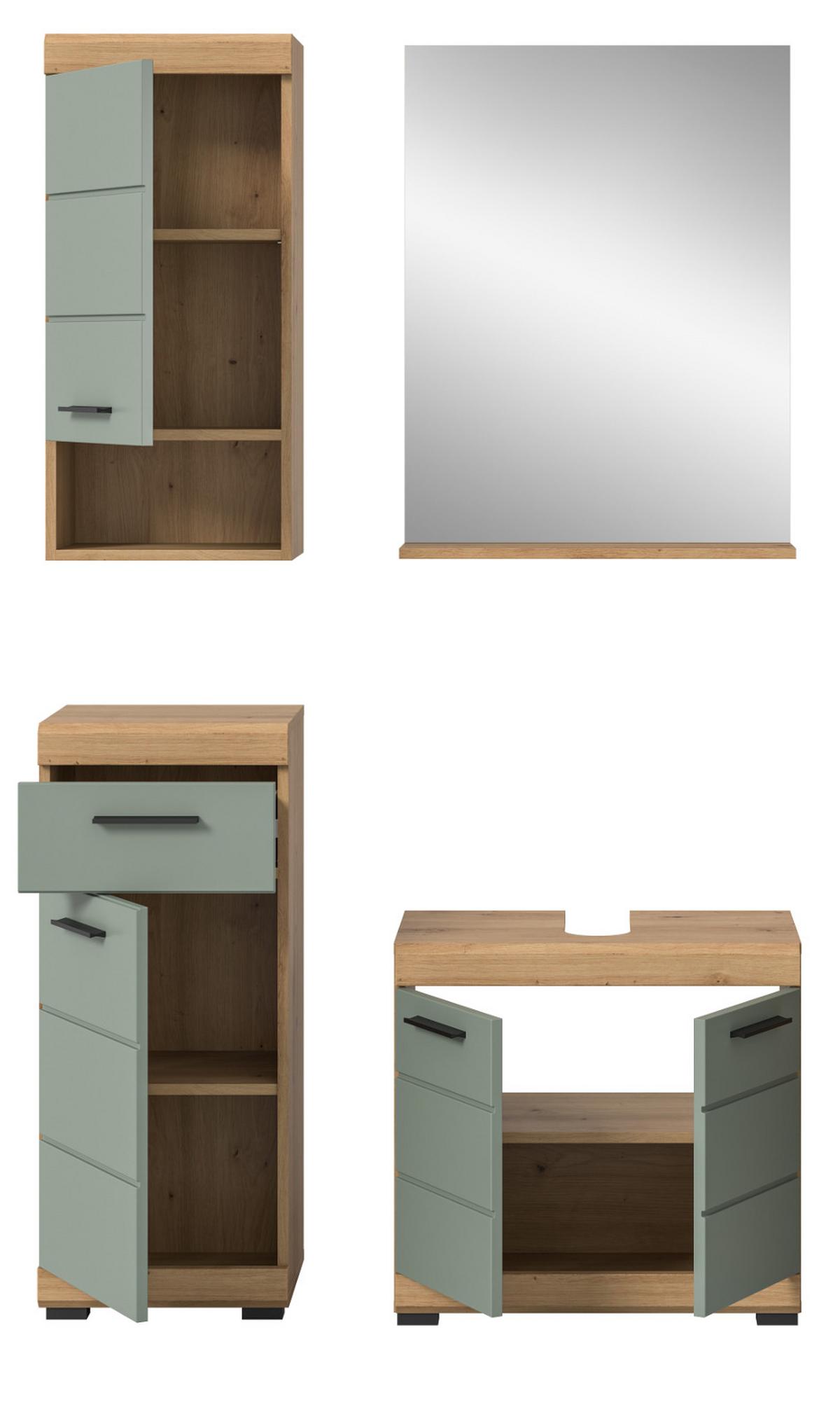 BADMÖBEL-SET Salbei grün, Eiche Artisan 4-teilig 112 cm, Komplettset mit viel Stauraum - Salbeigrün/Schwarz, Glas/Holzwerkstoff (112/191/34cm) - Inn.Furn