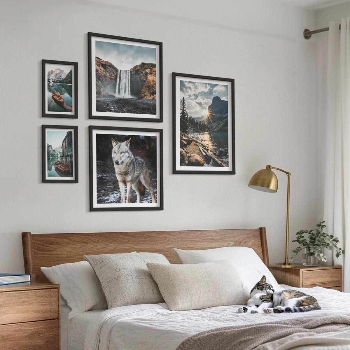 BILDER SET 5er Set - 50x50 cm & 20x30 cm & 40x60 cm Schwarzer Rahmen - Berge, Seen, Wasserfall, Wolf - Schwarz, Kunststoff (40/60cm) - TULUP