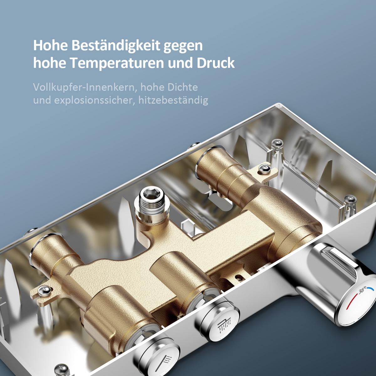 ÜBERKOPFBRAUSESET mit Thermostat, Kopfbrause und 3 Strahlarten Handbrause, Chrom, 114,2/30,3/46 cm - Chromfarben, Metall (30.3/114.2/46cm) - EMKE