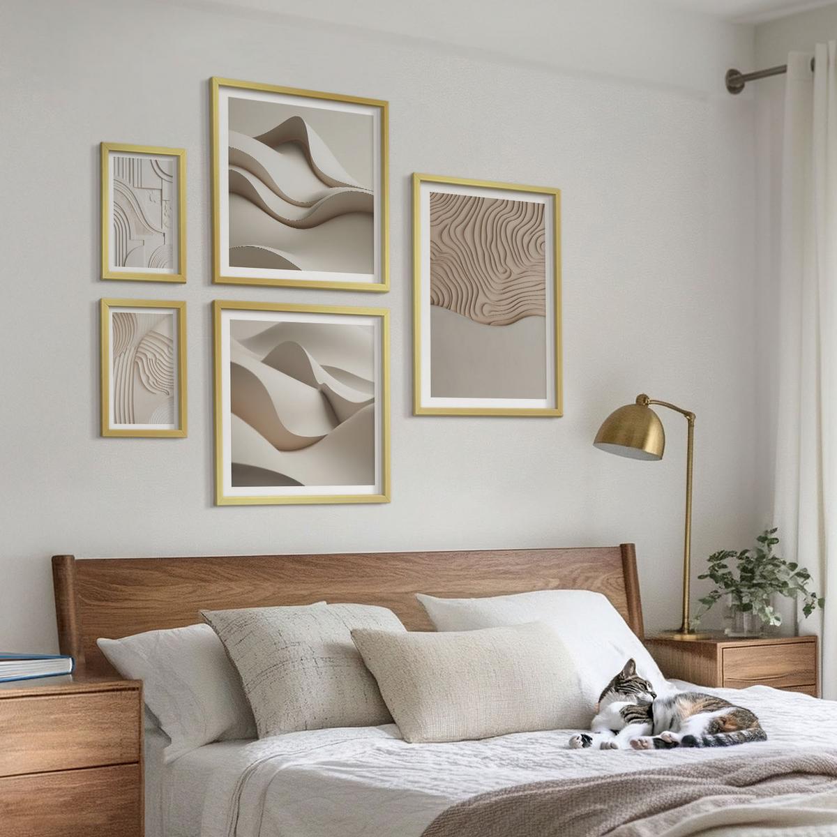 BILDER SET 5er Set - 50x50 cm & 20x30 cm & 40x60 cm Goldrahmen - Abstrakte Wellen auf dem Sand - Goldfarben, Kunststoff (40/60cm) - TULUP