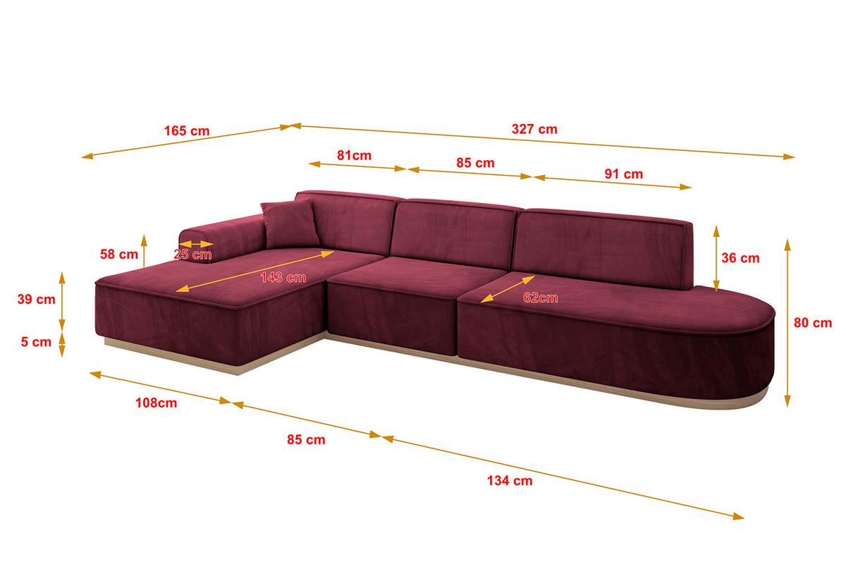 ECKSOFA Ottomane Links IREA-L2 - 327x165x80 cm Bordeauxrot - Bordeaux, Holzwerkstoff/Textil (327/165cm) - ALTDECOR