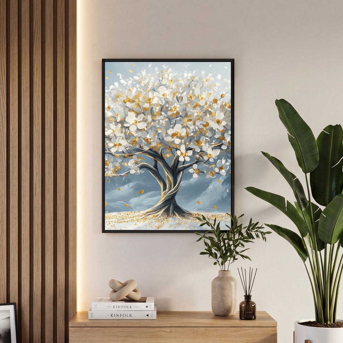 LEINWAND Bilder mit Rahmen - Baum - Winter - Baum des Lebens - Modern - Gold - 50x70 - Goldfarben, Textil (50/70cm) - MuchoWow