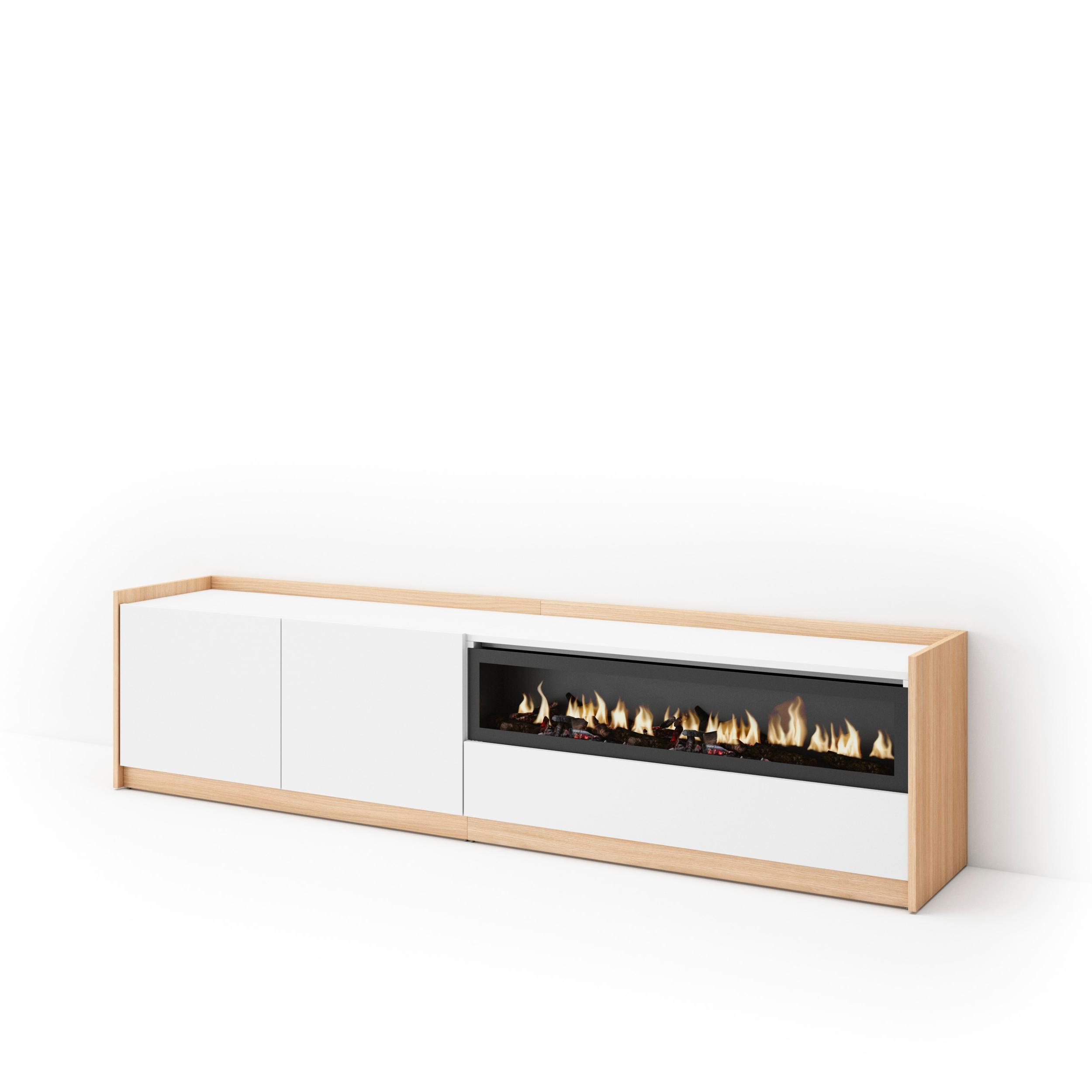 LOWBOARD, Weiß und Eiche Soft, Elektrokamin, 207/37/50cm - Weiß, Holzwerkstoff (207/50/37cm) - Skraut Home
