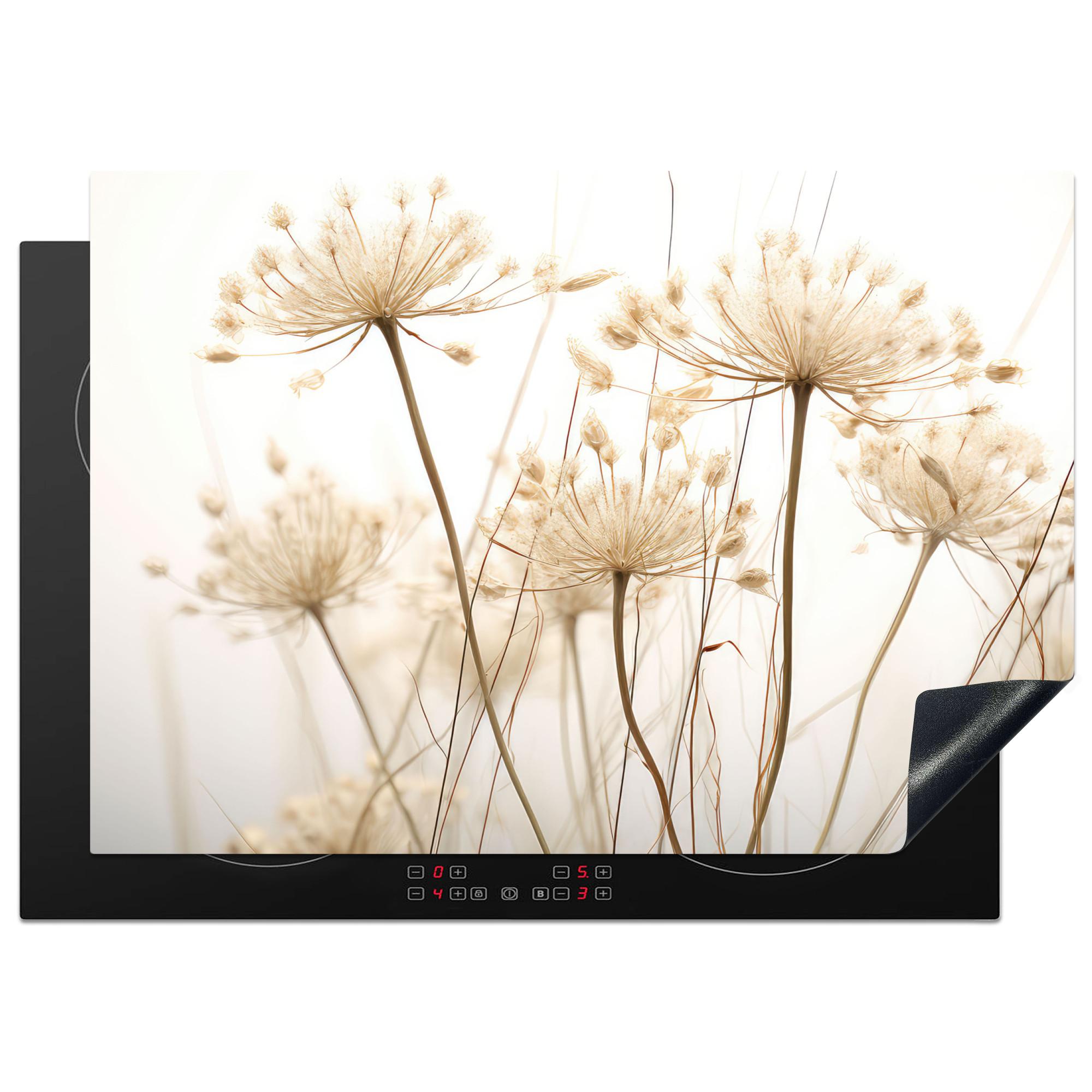 HERDABDECKPLATTE Blumen - Weiß - Sonnenlicht Herdabdeckung Induktionsfeld 75x52 cm - Ecru, Kunststoff (75/52/0.2cm) - MuchoWow