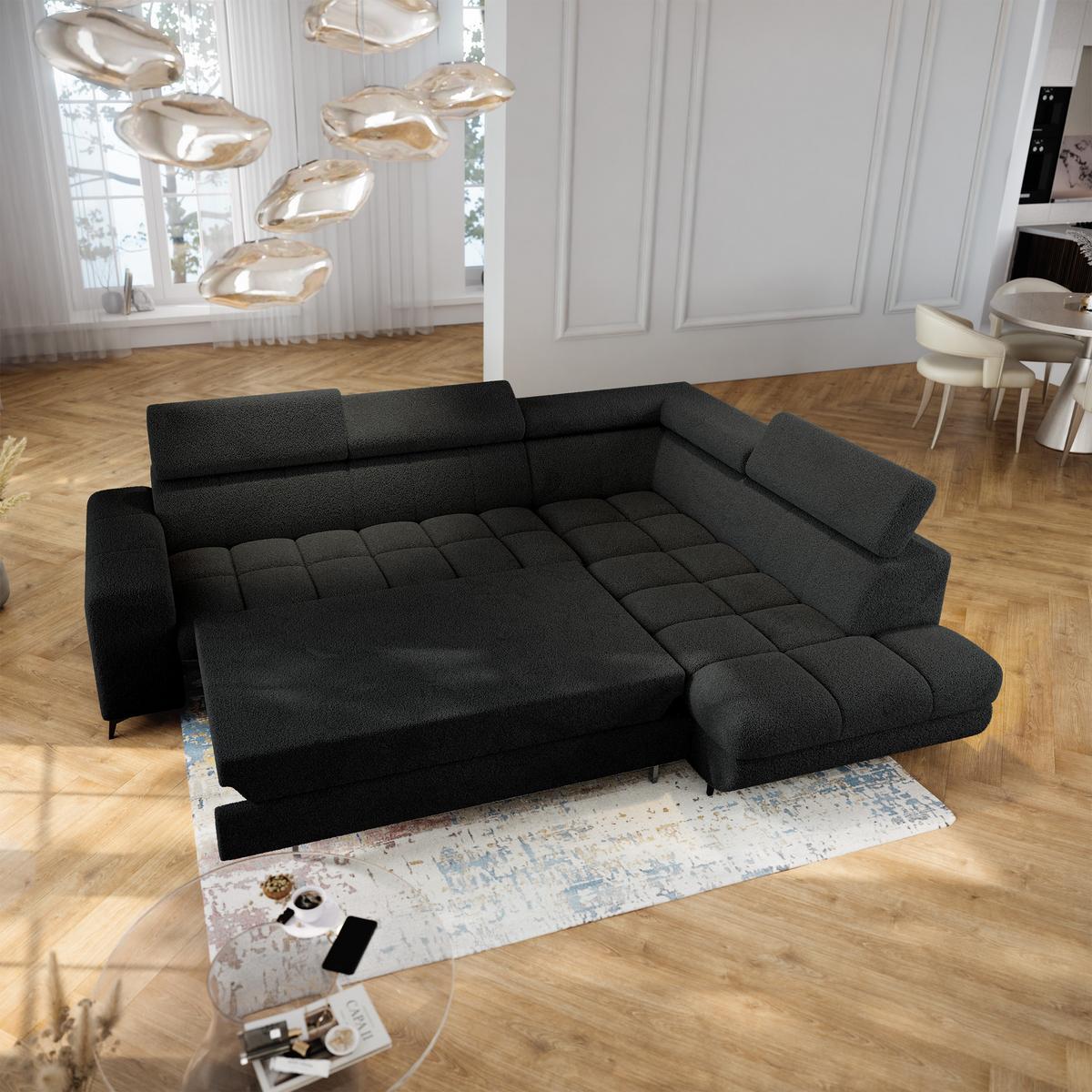 ECKSOFA MORIVA Q R-S Schwarz Boucle-Stoff mit Schlaffunktion - Schwarz, Holzwerkstoff/Textil (253/190cm) - MASSENO