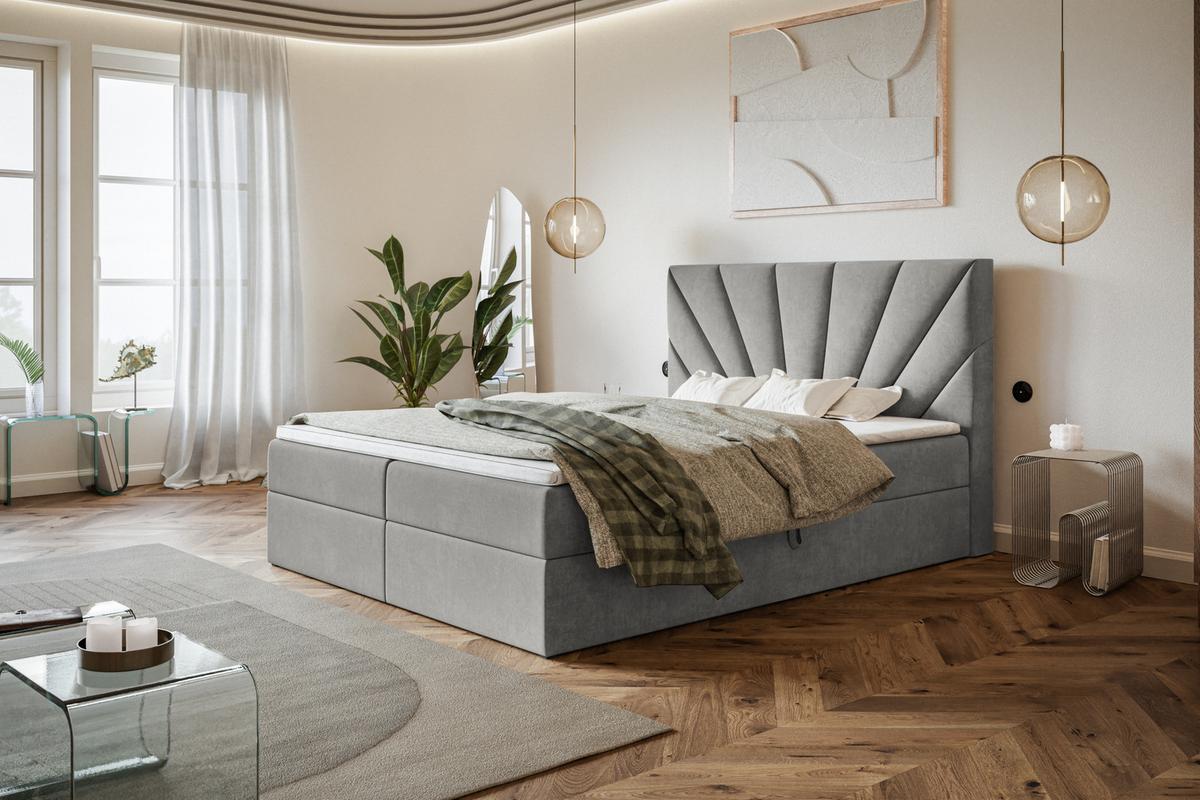 BOXBETT DENVER mit 2 Bettkästen, 160x200, Farbe: Grau, Velourstoff, Doppelbett mit Bonell-Matratze - Grau, Holz/Kunststoff (160/200cm) - Alpi-Möbel