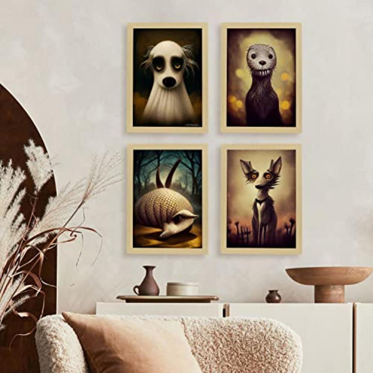 POSTER Set mit 4 Hunde im T Burton Goth Stil A3 Rahmen aus hellem Holz - Beige, Papier (29.7/3cm) - Nacnic