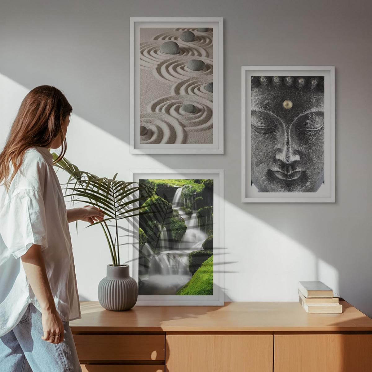 BILDER SET 3er Set - 40x60 cm Weißer Rahmen - Der Frieden der Steine des Buda Zen-Wasserfalls - Weiß, Kunststoff (40/60cm) - TULUP