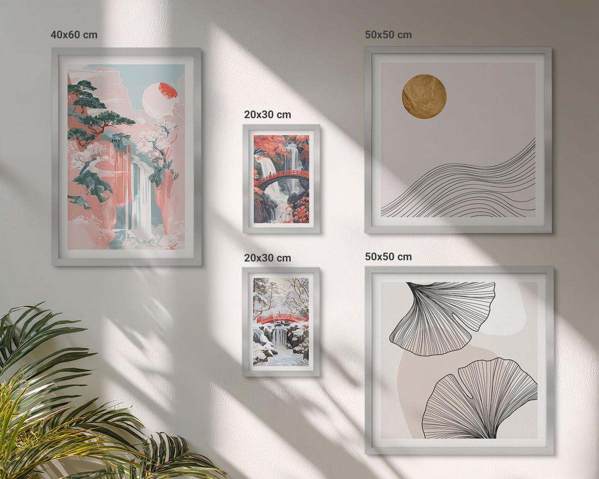 BILDER SET 5er Set - 50x50 cm & 20x30 cm & 40x60 cm Silberner Rahmen - Wasserfälle, Brücken, Bäume, Jahreszeiten - Silberfarben, Kunststoff (40/60cm) - TULUP