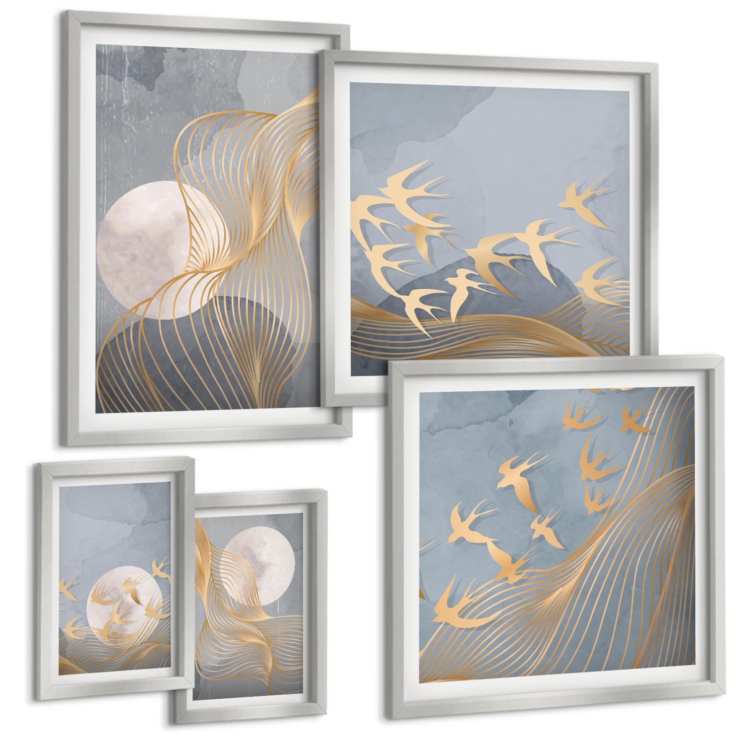 BILDER SET 5er Set - 50x50 cm & 20x30 cm & 40x60 cm Silberner Rahmen - Abstrakte Wellenkreise, grau - Silberfarben, Kunststoff (40/60cm) - TULUP