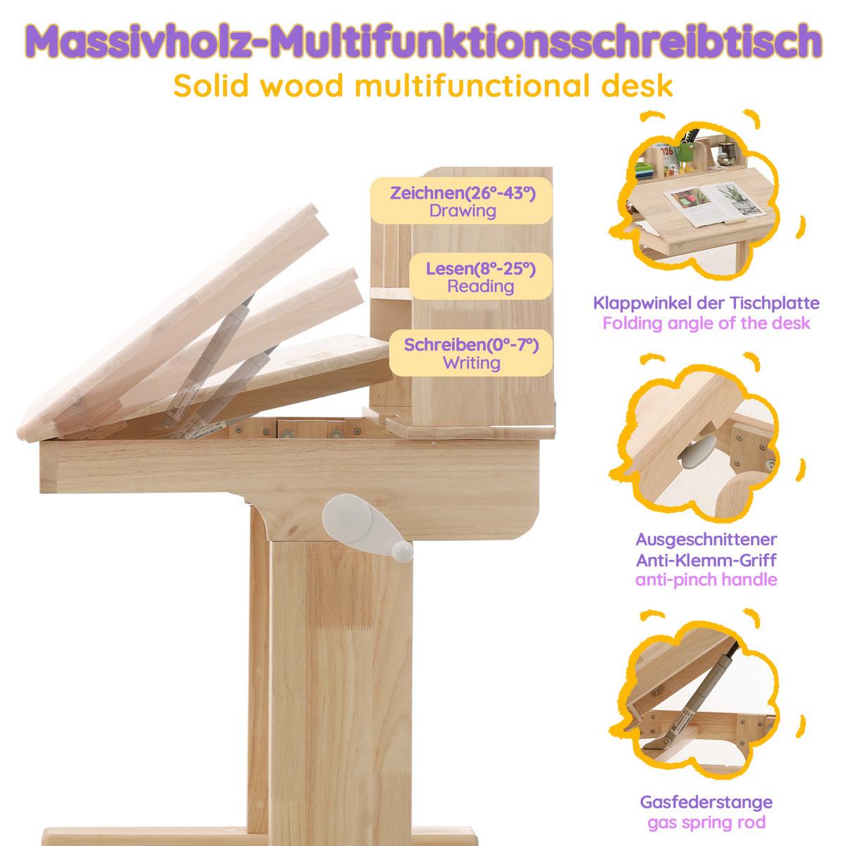 SCHREIBTISCH Massivholz Höhenverstellbar Neigbar 0-43° Natur - Naturfarben, Holzwerkstoff (60/92/89cm) - Urban Meuble