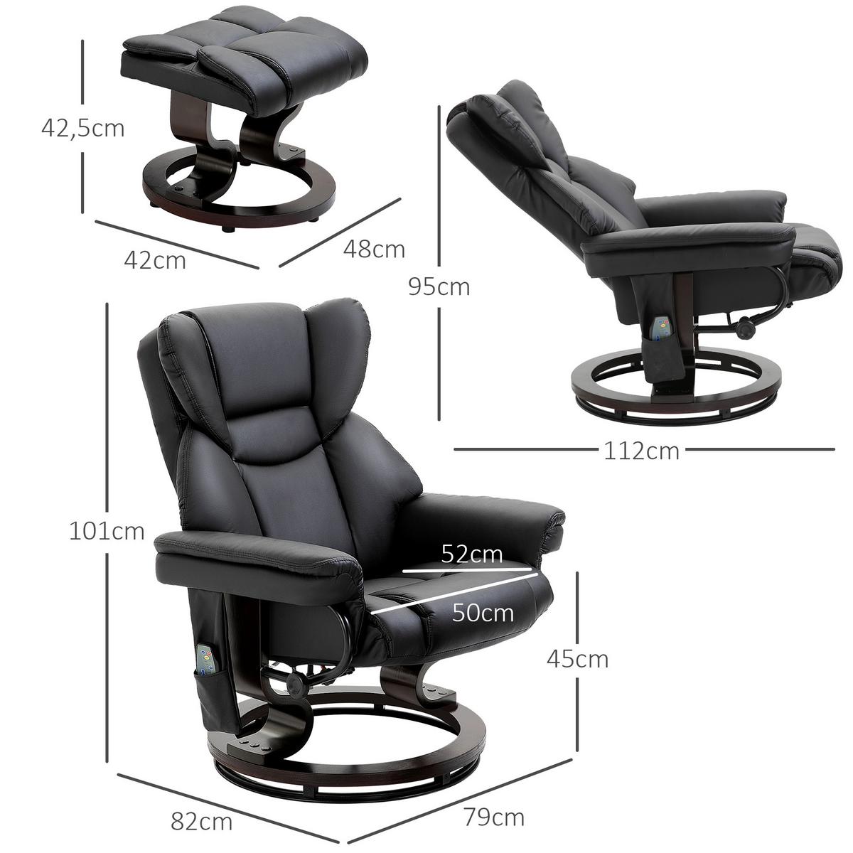 RELAXSESSEL Massagesessel mit Fußhocker Liegefunktion Schwarz 79 x 82 x 101 cm - Schwarz, Holz/Metall (82/101/79cm) - HOMCOM