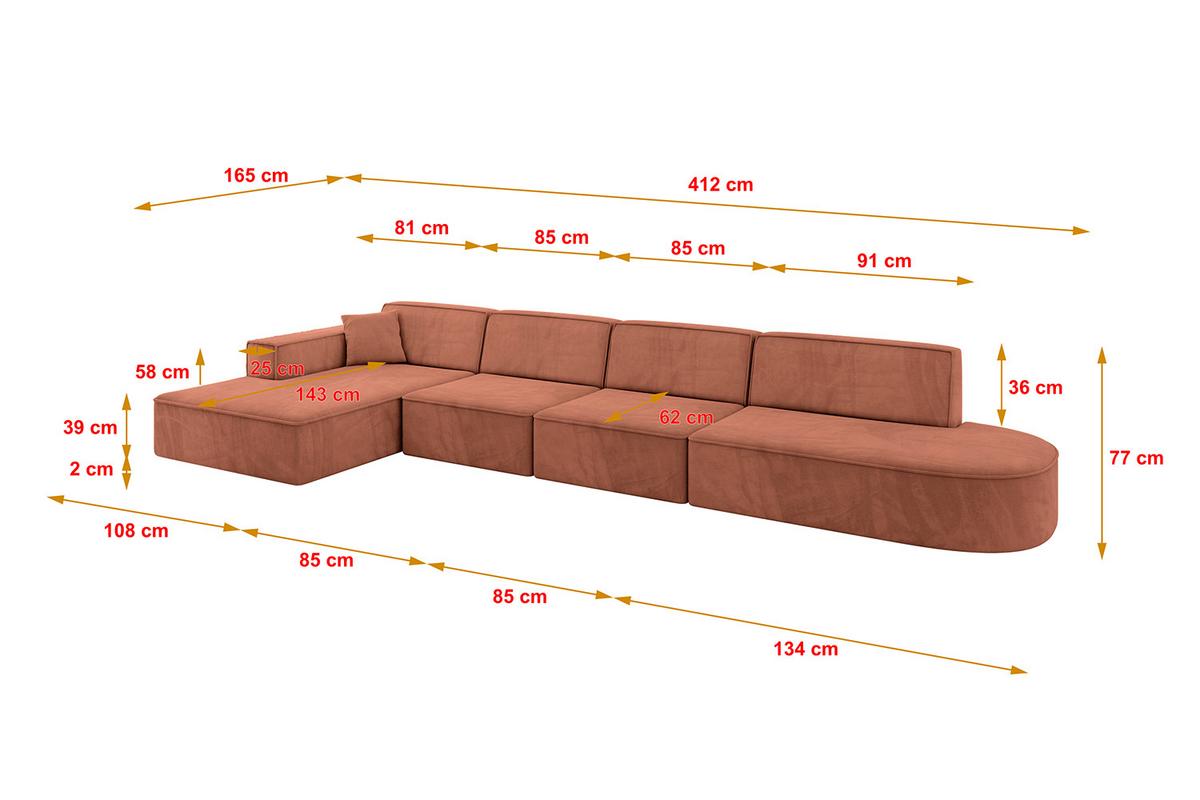 ECKSOFA Ottomane Links IREA-L3-v4 - 412x165x77 cm Apricot - Koralle, Holzwerkstoff/Textil (412/165cm) - ALTDECOR