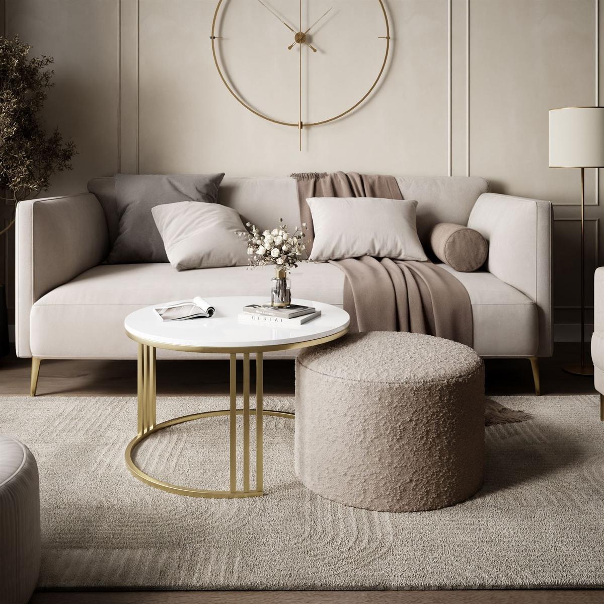 COUCHTISCH mit Hocker LORI Hochglanz gebürstetes Gold/weißer Glanz/Coral 50 - Weiß, Metall (70/70/49cm) - Lookway