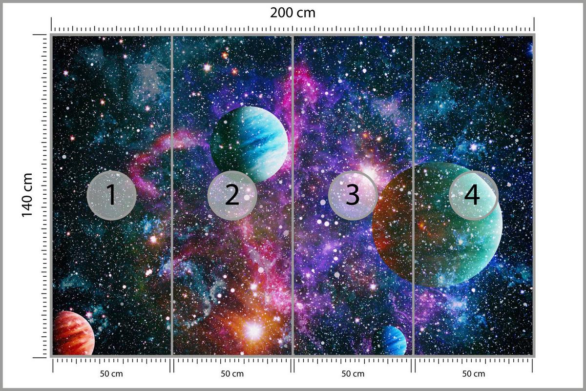 FOTOTAPETE für Schlafzimmer Bunte Planeten Sternenhimmel Kosmos 200x140 - Rot/Violett, Papier (200/140cm) - Muralo