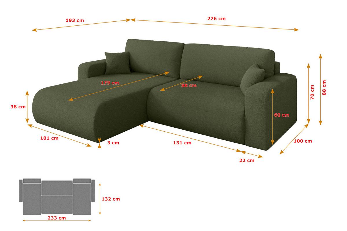 ECKSOFA mit Schlaffunktion Ottomane Links BERY-L 276x193x88 Grün Bouclé - Schwarz/Olivgrün, Holzwerkstoff/Kunststoff (276/193cm) - ALTDECOR