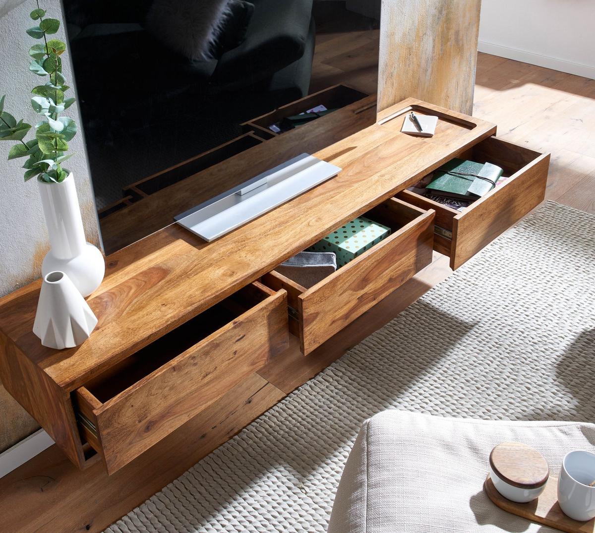 LOWBOARD Massivholz Modern Stil 160x25x35 cm Hängend Braun mit Stauraum - Braun, Holz (160/25/35cm) - KADIMA DESIGN