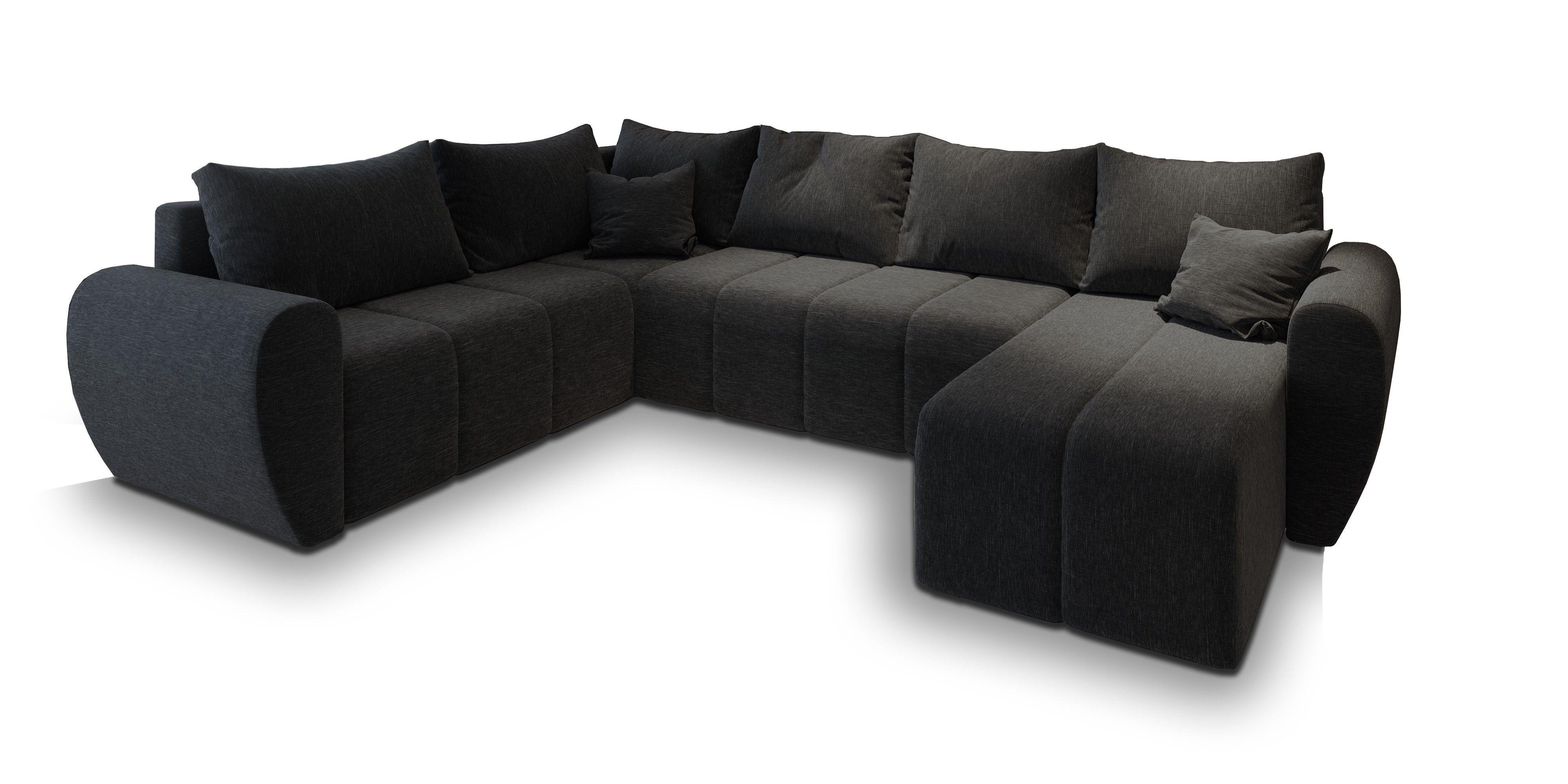 WOHNLANDSCHAFT MADISON XL L-S Schwarz Dünner Stoff mit Schlaffunktion - Schwarz, Holz/Kunststoff (303/82/208cm) - MASSENO