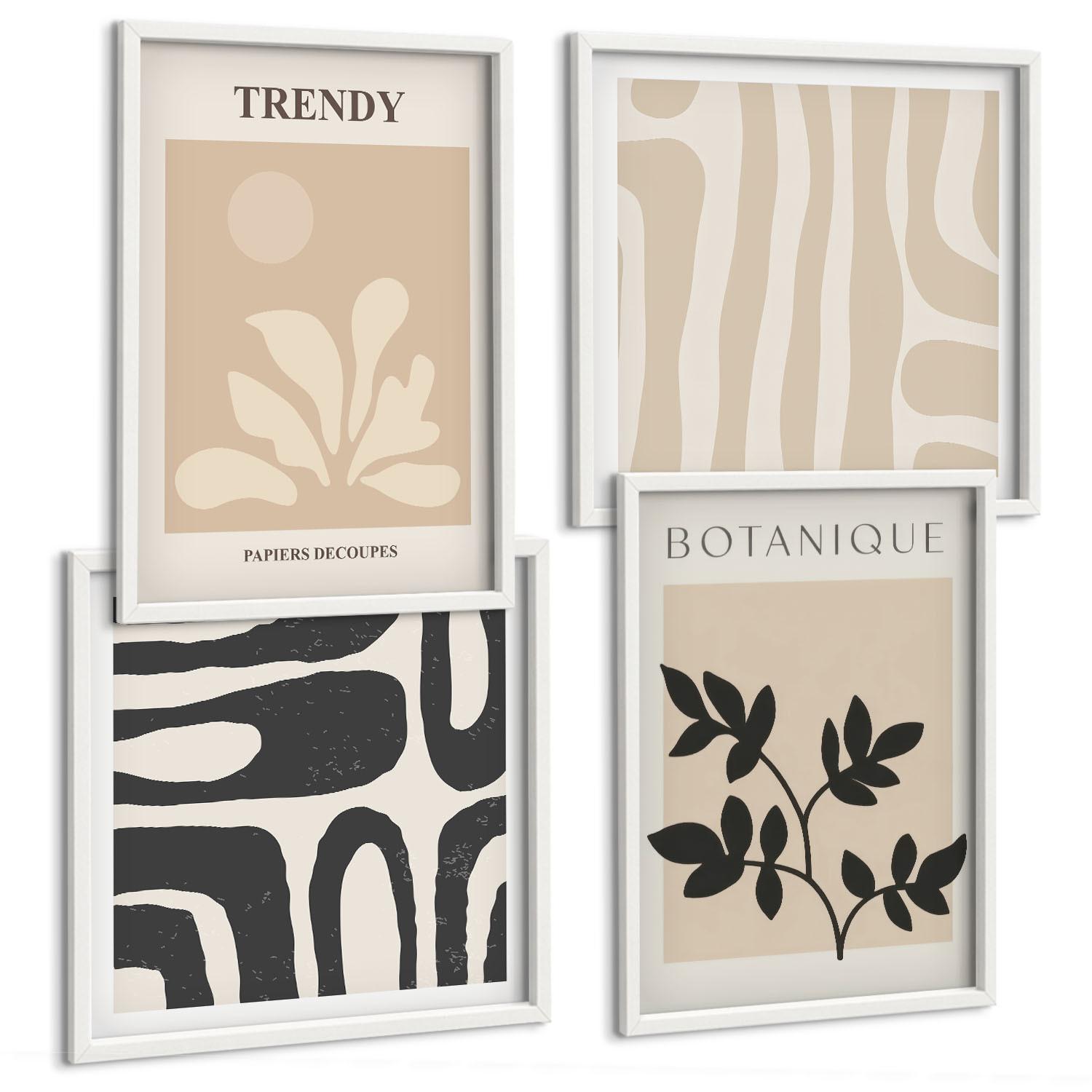 BILDER SET 4er Set - 50x50 cm & 40x60 cm Weißer Rahmen - Stilvolle Pflanzenmuster in Beige und Schwarz - Weiß, Kunststoff (50/50cm) - TULUP