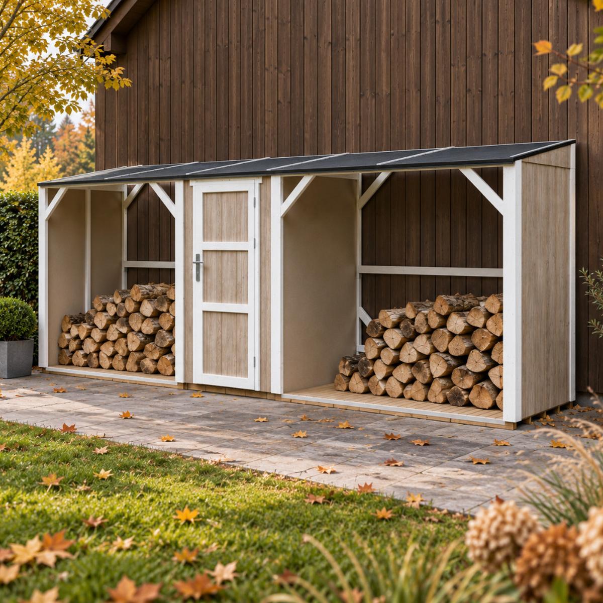BRENNHOLZLAGER doppelt mit Geräteraum 6,49 m², zwei Brennholzbereiche mit insgesamt ~8,8 m³ Fassungsvermögen - Braun, Holz (118/220/550cm) - Timbela