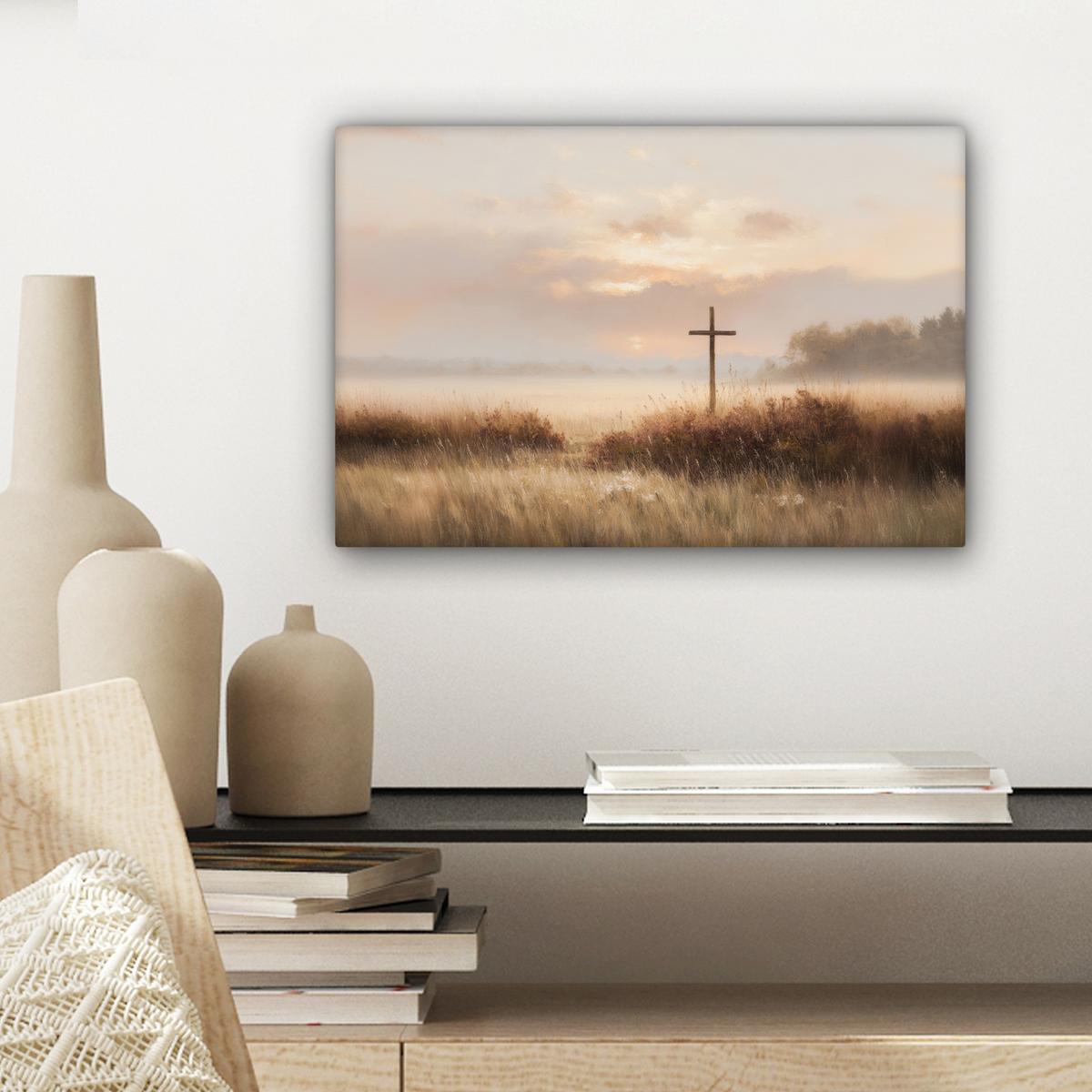 LEINWANDBILD Gras - Morgennebel - Kreuz - Christentum Deko Schlafzimmer 30x20 cm - Beige, Textil (30/20cm) - MuchoWow