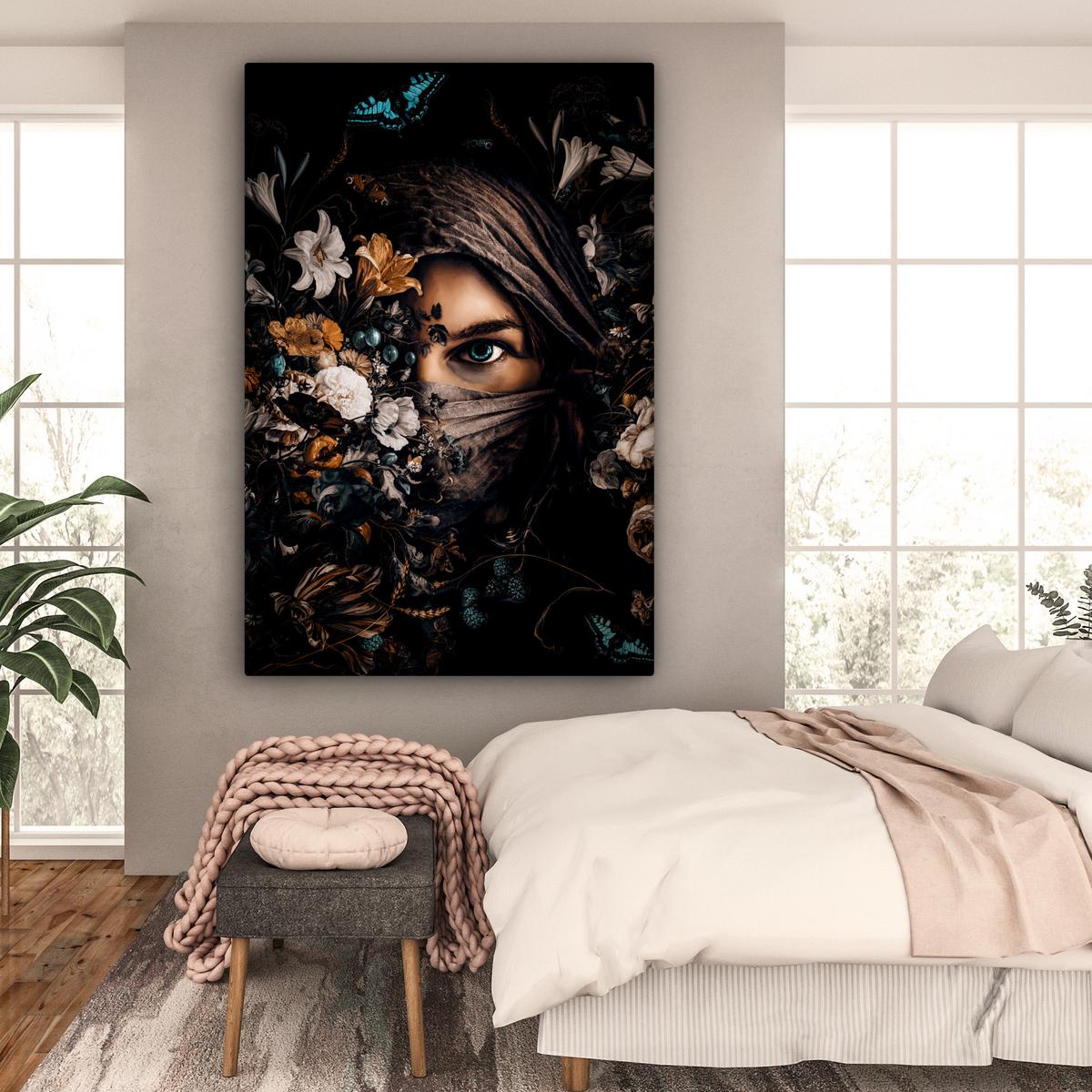 LEINWANDBILD Frau - Luxus - Blumen - Schmetterling - Porträt Deko Groß 90x140 cm - Schwarz, Textil (90/140cm) - MuchoWow