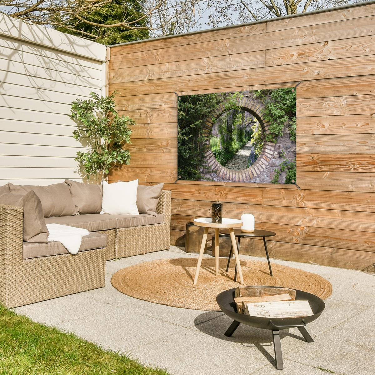 GARTENPOSTER Wald - Steine - Durchblick - Pfad - Glyzinie Gartendeko 90x60 cm - Graubraun, Kunststoff (90/60/0.2cm) - OnlyWow